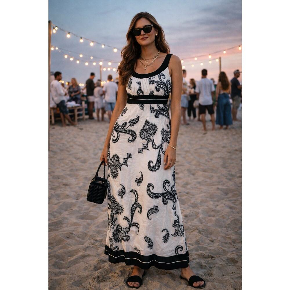 Lula Kate Black & White Paisley Maxi Dress W/Pink Lining Coastal Chic Sz 6
